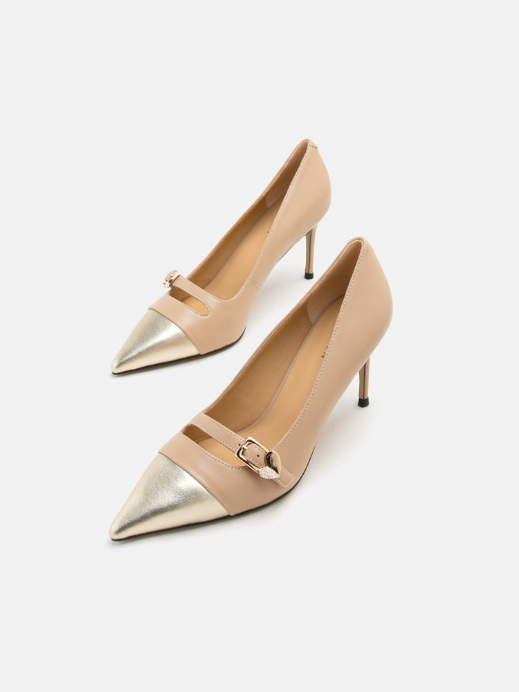 PAZZION, Trix Gold Embellished Toe Cap Heels, Almond