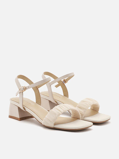 PAZZION, Violette Ruched Leather Heels, Beige