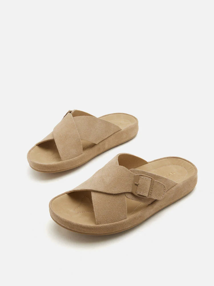 PAZZION, Vivi Criss Cross Suede Slides, Almond