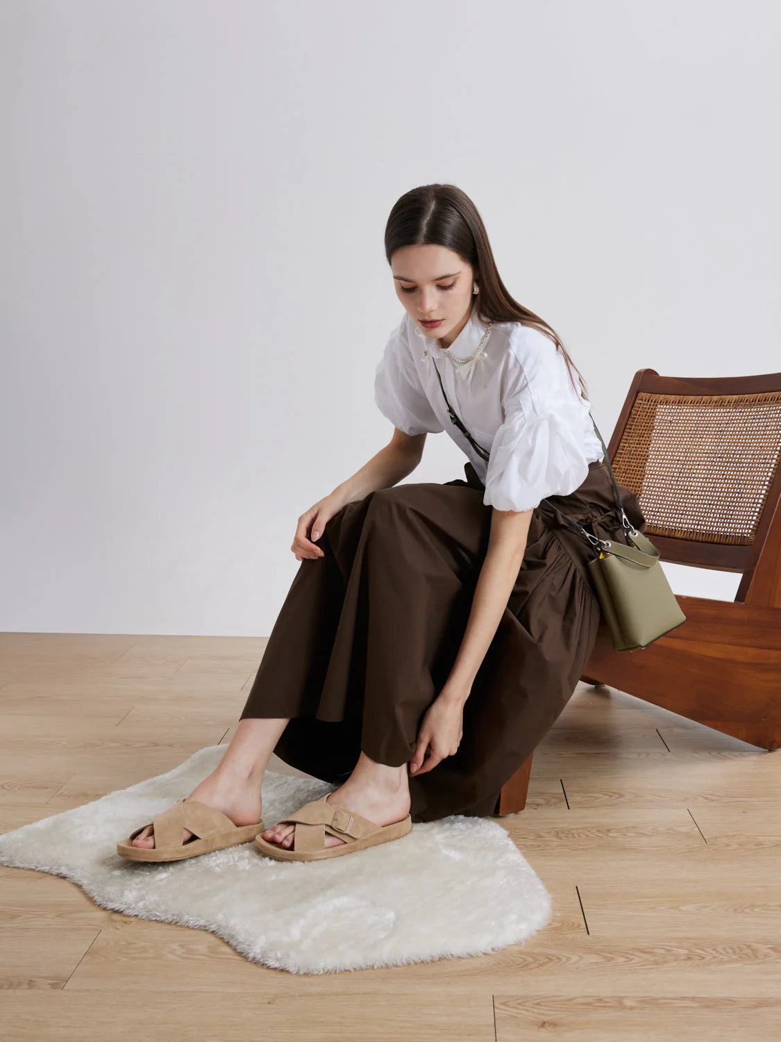 PAZZION, Vivi Criss Cross Suede Slides, Almond