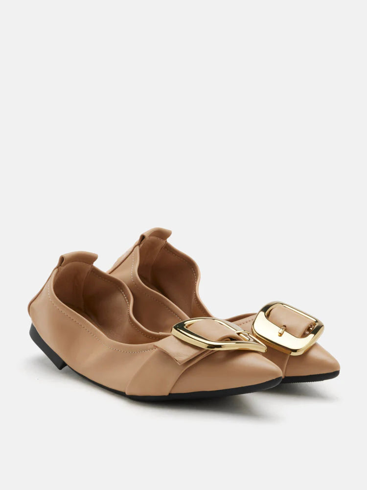 PAZZION, Vivienne Gold Buckled Pointed-Toe Flats, Almond