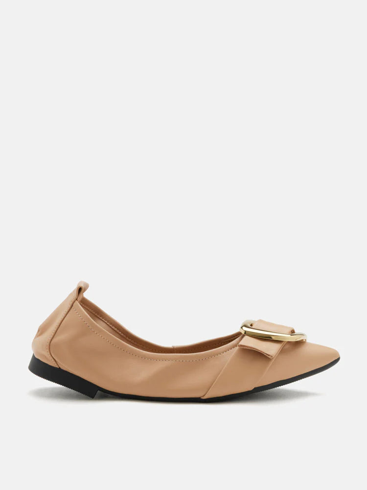 PAZZION, Vivienne Gold Buckled Pointed-Toe Flats, Almond