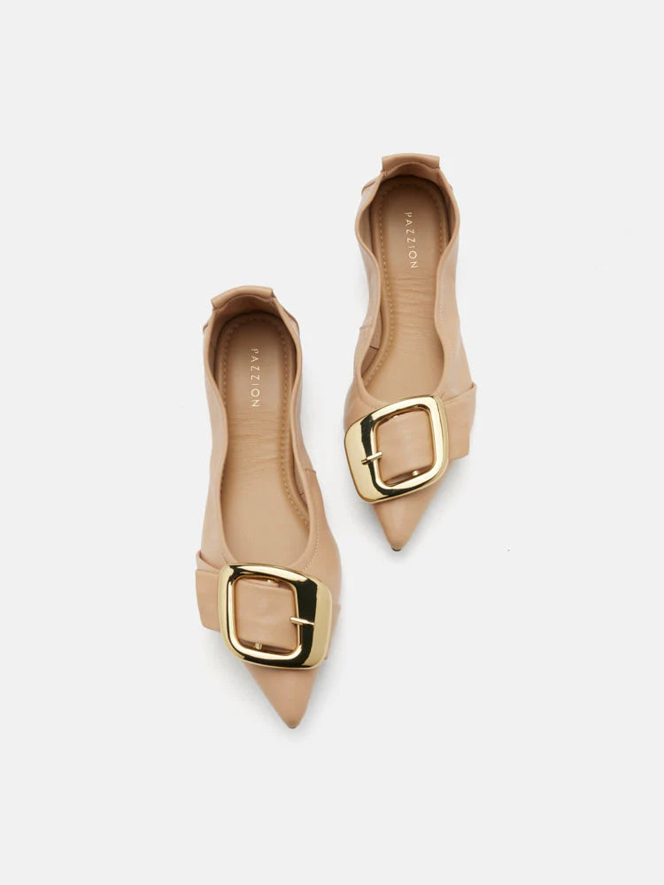 PAZZION, Vivienne Gold Buckled Pointed-Toe Flats, Almond