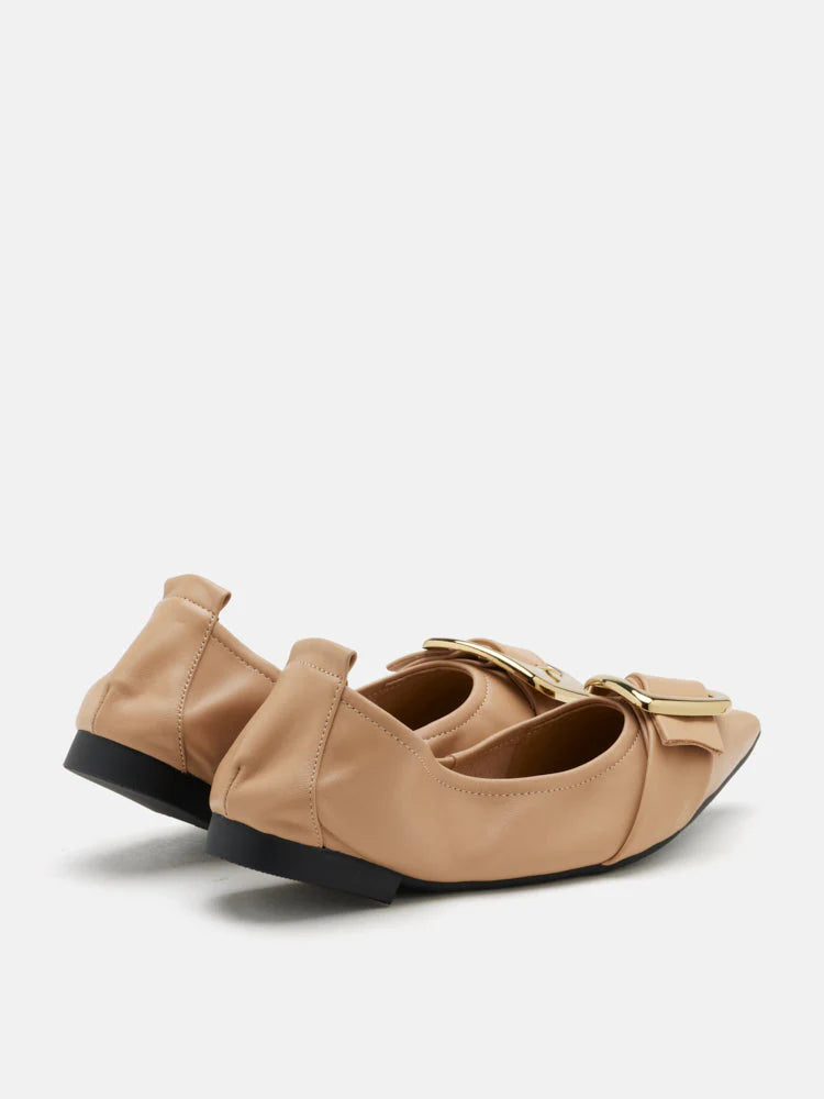 PAZZION, Vivienne Gold Buckled Pointed-Toe Flats, Almond