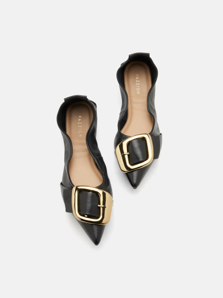 PAZZION, Vivienne Gold Buckled Pointed-Toe Flats, Black