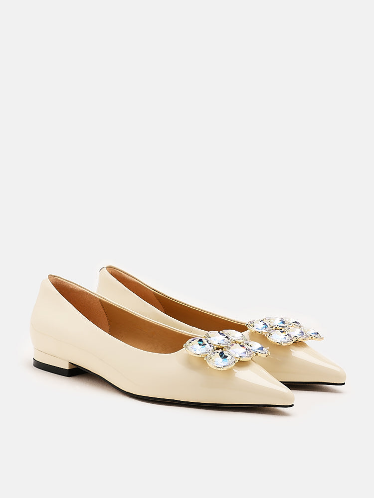 PAZZION, Vivier Oversized Crystal Embellished Buckle Flats, Beige