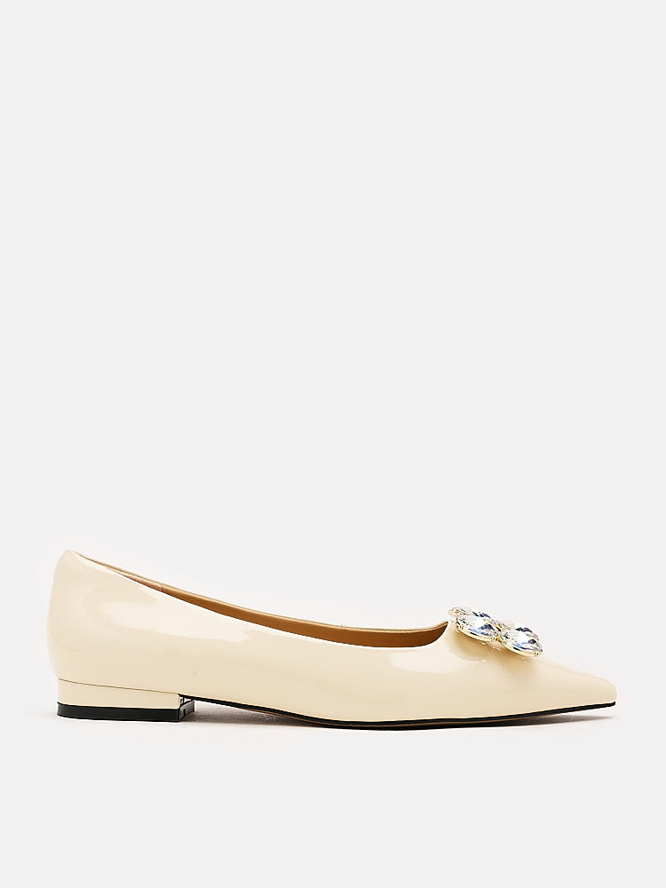 PAZZION, Vivier Oversized Crystal Embellished Buckle Flats, Beige