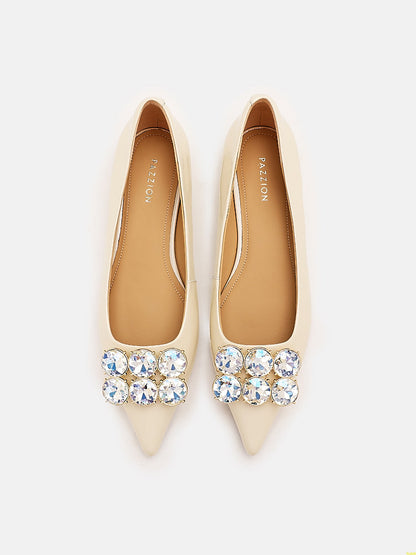 PAZZION, Vivier Oversized Crystal Embellished Buckle Flats, Beige