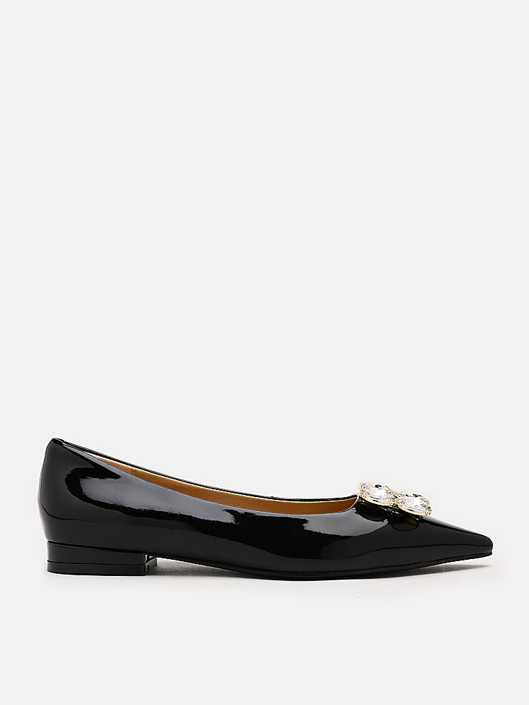 PAZZION, Vivier Oversized Crystal Embellished Buckle Flats, Black