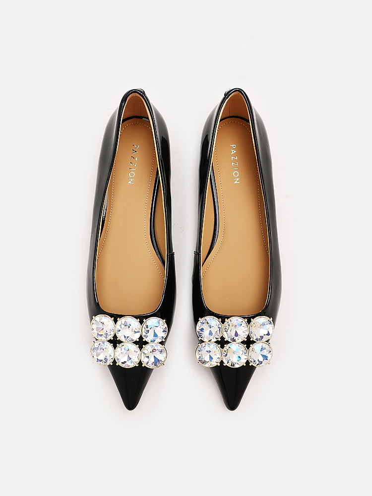 PAZZION, Vivier Oversized Crystal Embellished Buckle Flats, Black