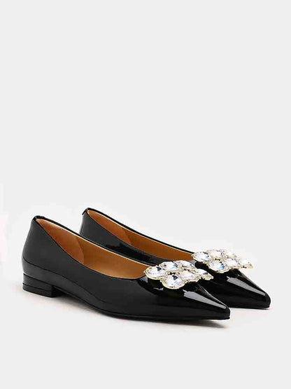 PAZZION, Vivier Oversized Crystal Embellished Buckle Flats, Black