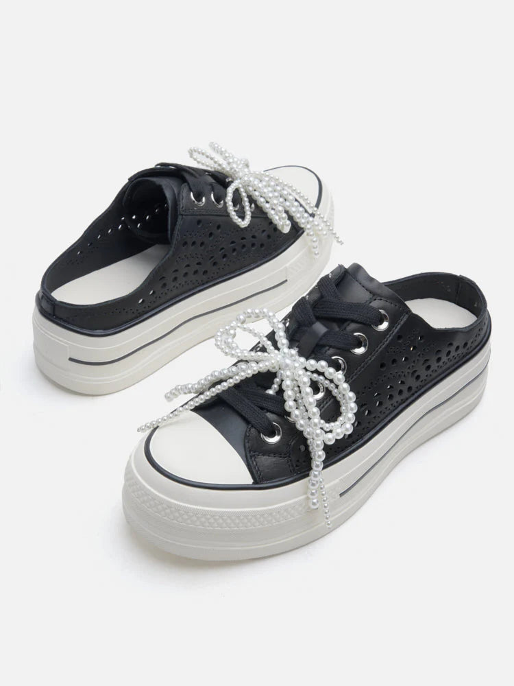 PAZZION, Wilhelmina Slip-on Pearl Bow Sneakers, Black