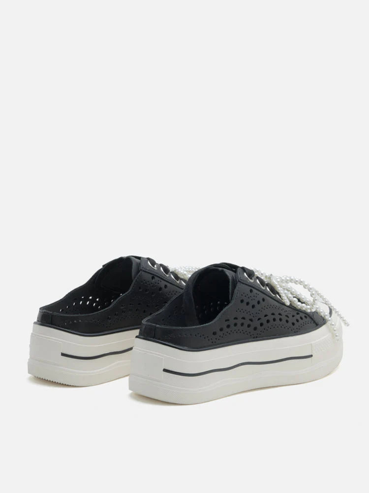 PAZZION, Wilhelmina Slip-on Pearl Bow Sneakers, Black