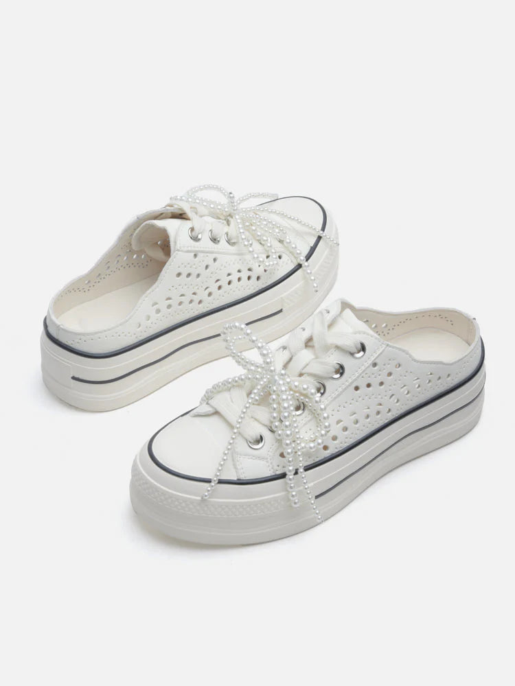 PAZZION, Wilhelmina Slip-on Pearl Bow Sneakers, White