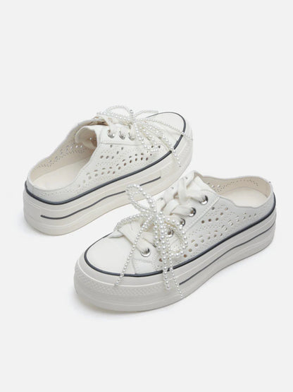 PAZZION, Wilhelmina Slip-on Pearl Bow Sneakers, White