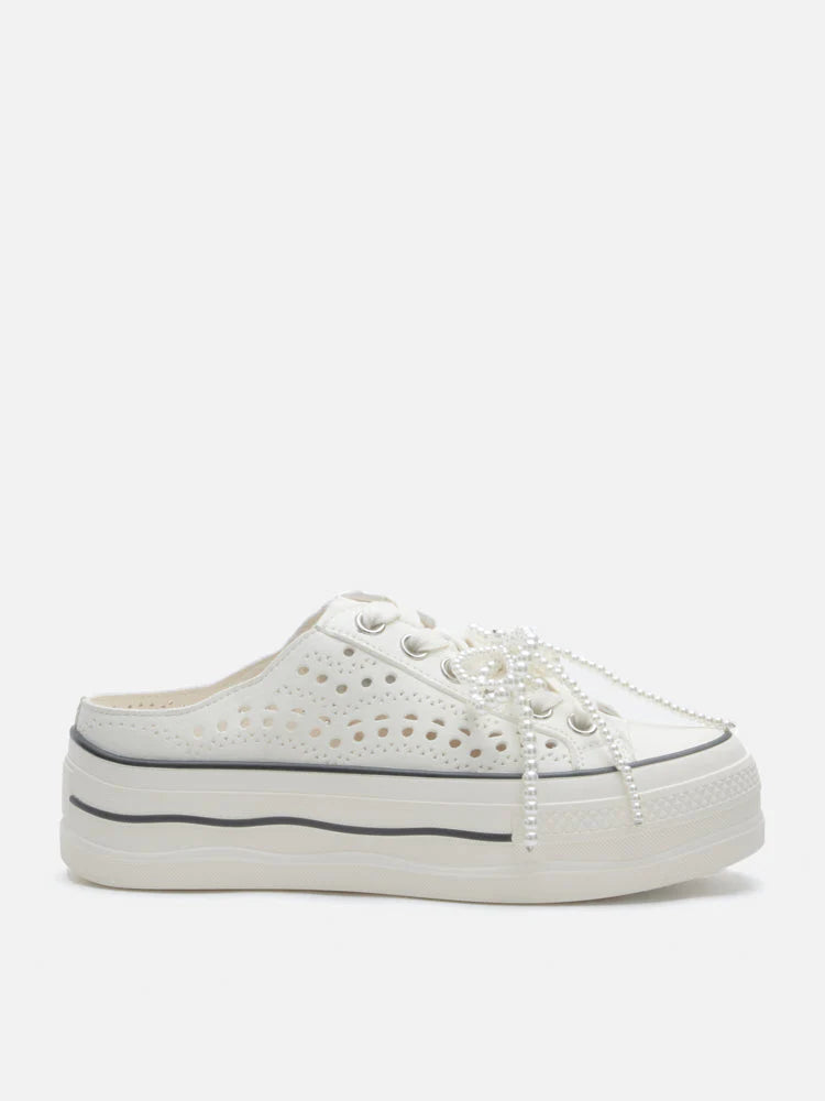 PAZZION, Wilhelmina Slip-on Pearl Bow Sneakers, White
