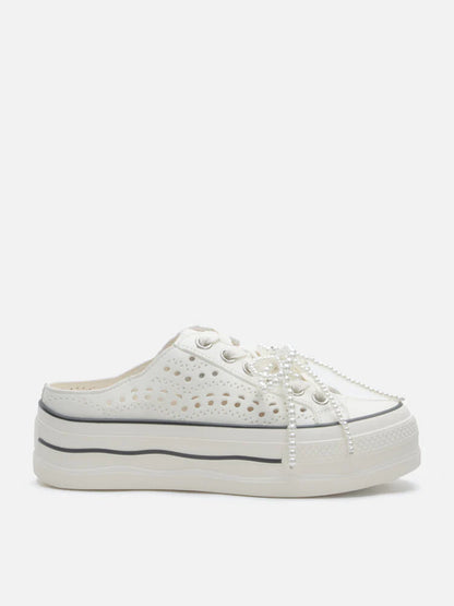 PAZZION, Wilhelmina Slip-on Pearl Bow Sneakers, White