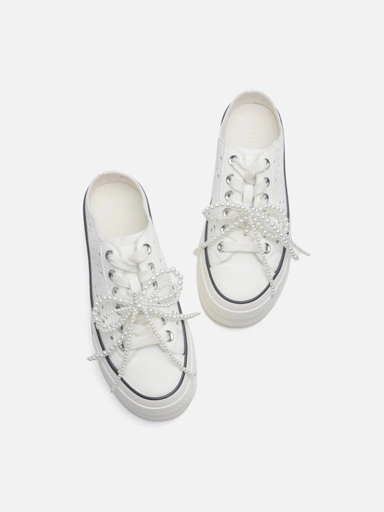 PAZZION, Wilhelmina Slip-on Pearl Bow Sneakers, White