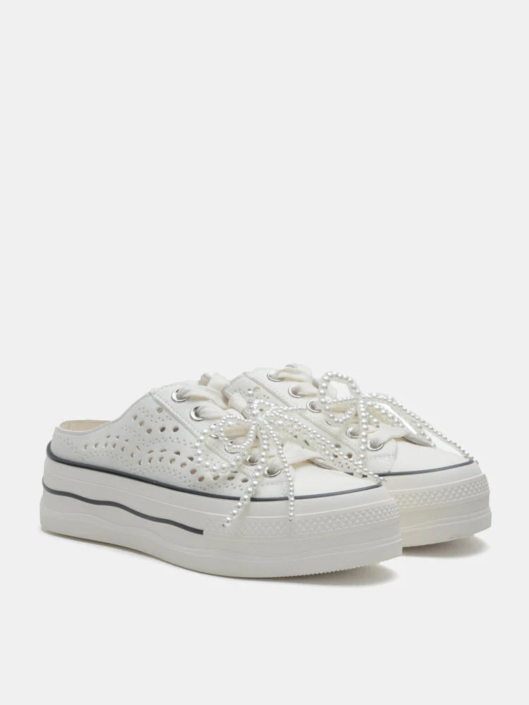 PAZZION, Wilhelmina Slip-on Pearl Bow Sneakers, White
