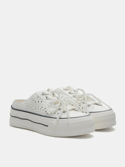PAZZION, Wilhelmina Slip-on Pearl Bow Sneakers, White