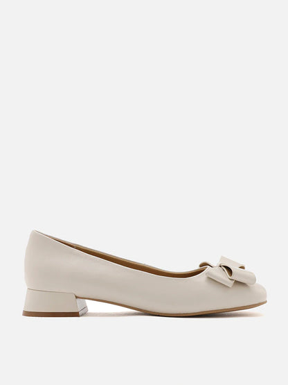 PAZZION, Willa Bow Embellished Low Block Heels, Beige