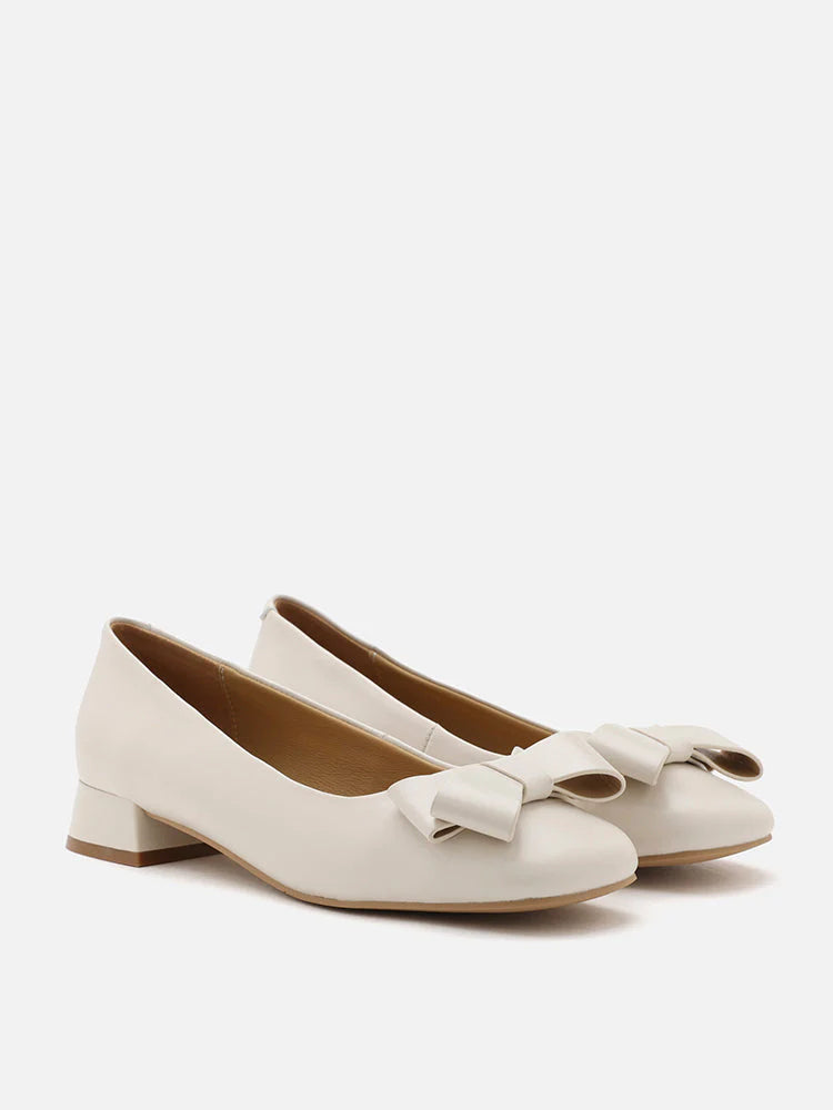 PAZZION, Willa Bow Embellished Low Block Heels, Beige