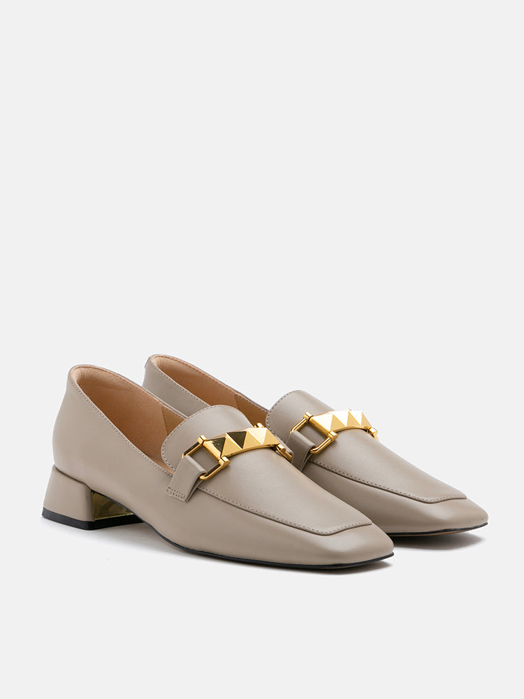 PAZZION, Winne Studded Buckle Loafer Heels, Khaki