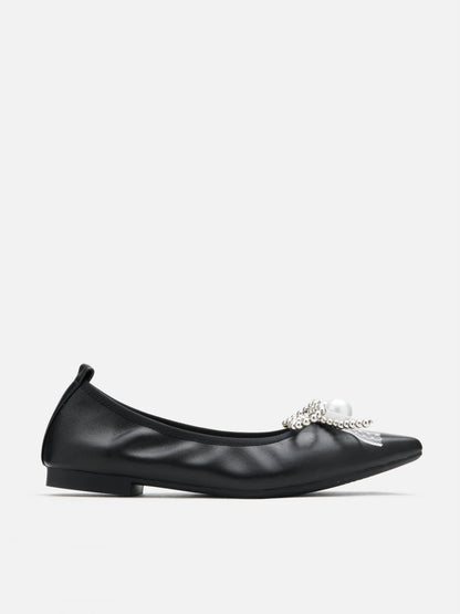 PAZZION, Winnie Beaded Pearl Bow Flats, Black