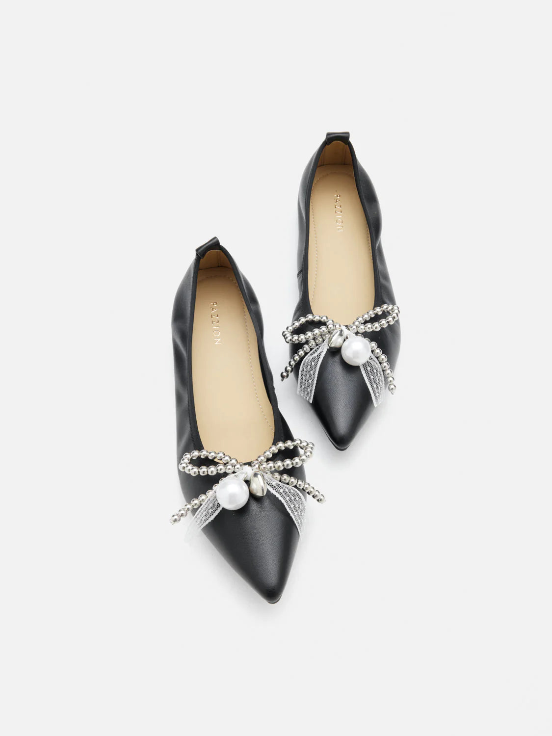 PAZZION, Winnie Beaded Pearl Bow Flats, Black
