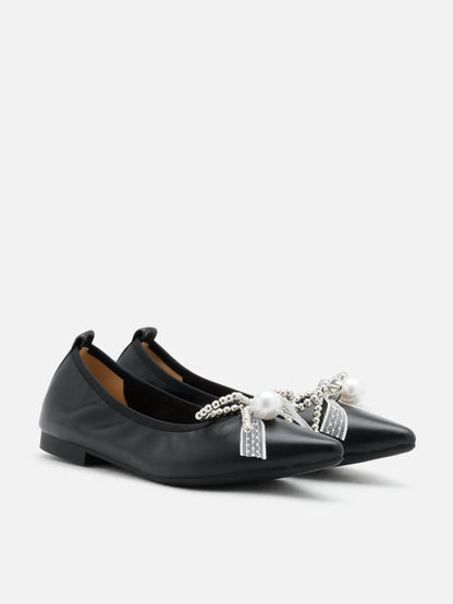 PAZZION, Winnie Beaded Pearl Bow Flats, Black