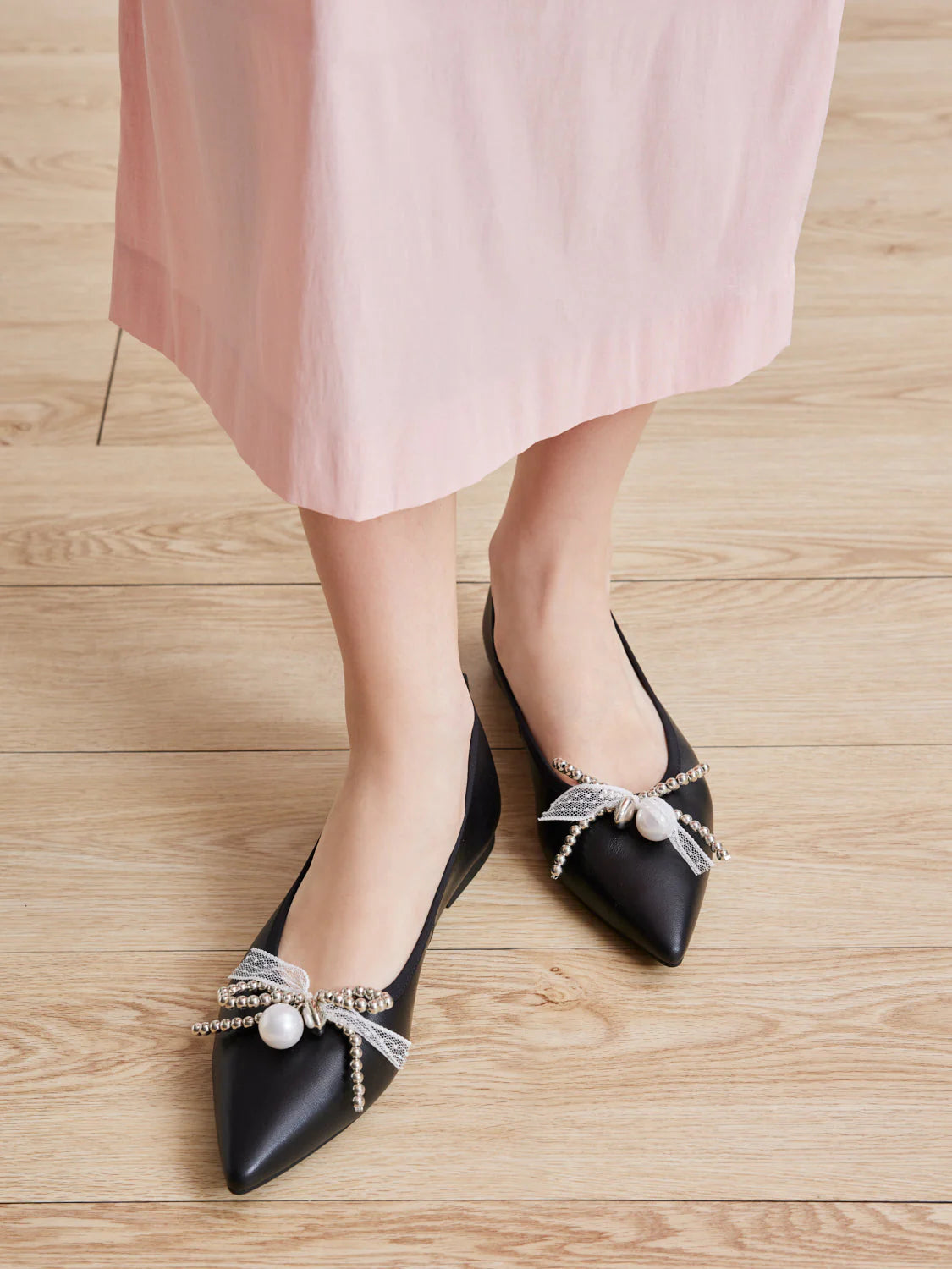 PAZZION, Winnie Beaded Pearl Bow Flats, Black