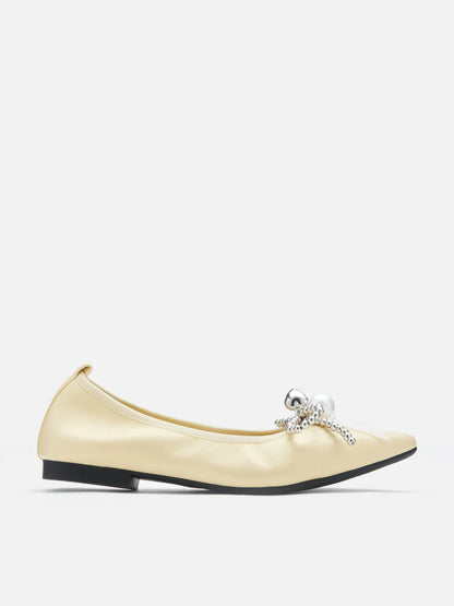 PAZZION, Winnie Beaded Pearl Bow Flats, Yellow