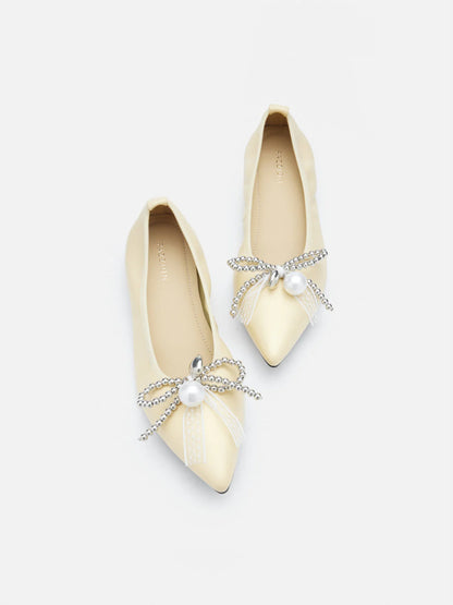 PAZZION, Winnie Beaded Pearl Bow Flats, Yellow