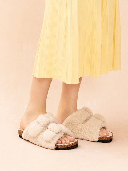 PAZZION, Winnie Buckle Detailed Wool Slides, Beige