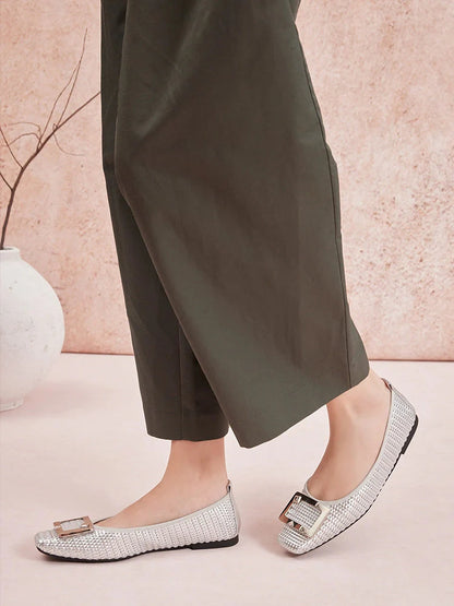 PAZZION, Wren Buckle Woven Foldable Flats, Silver