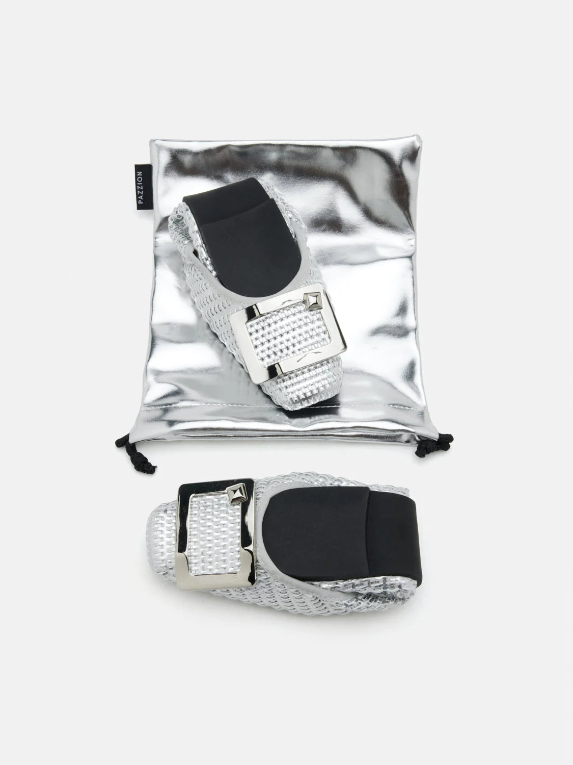 PAZZION, Wren Buckle Woven Foldable Flats, Silver