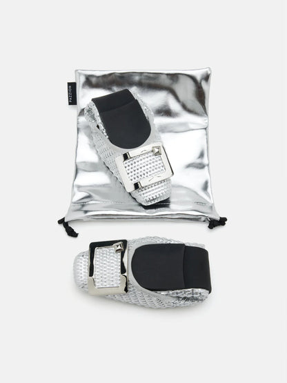 PAZZION, Wren Buckle Woven Foldable Flats, Silver
