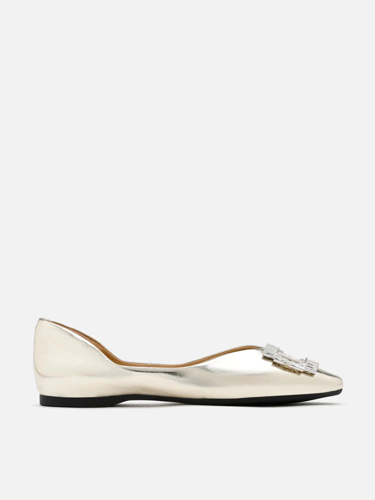 PAZZION, Yael Embellished Buckle Curved Point-Toe Flats, Gold