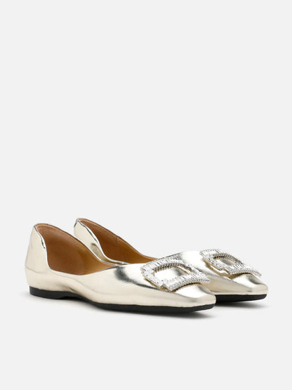 PAZZION, Yael Embellished Buckle Curved Point-Toe Flats, Gold