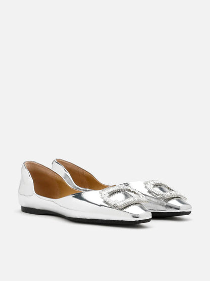 PAZZION, Yael Embellished Buckle Curved Point-Toe Flats, Silver