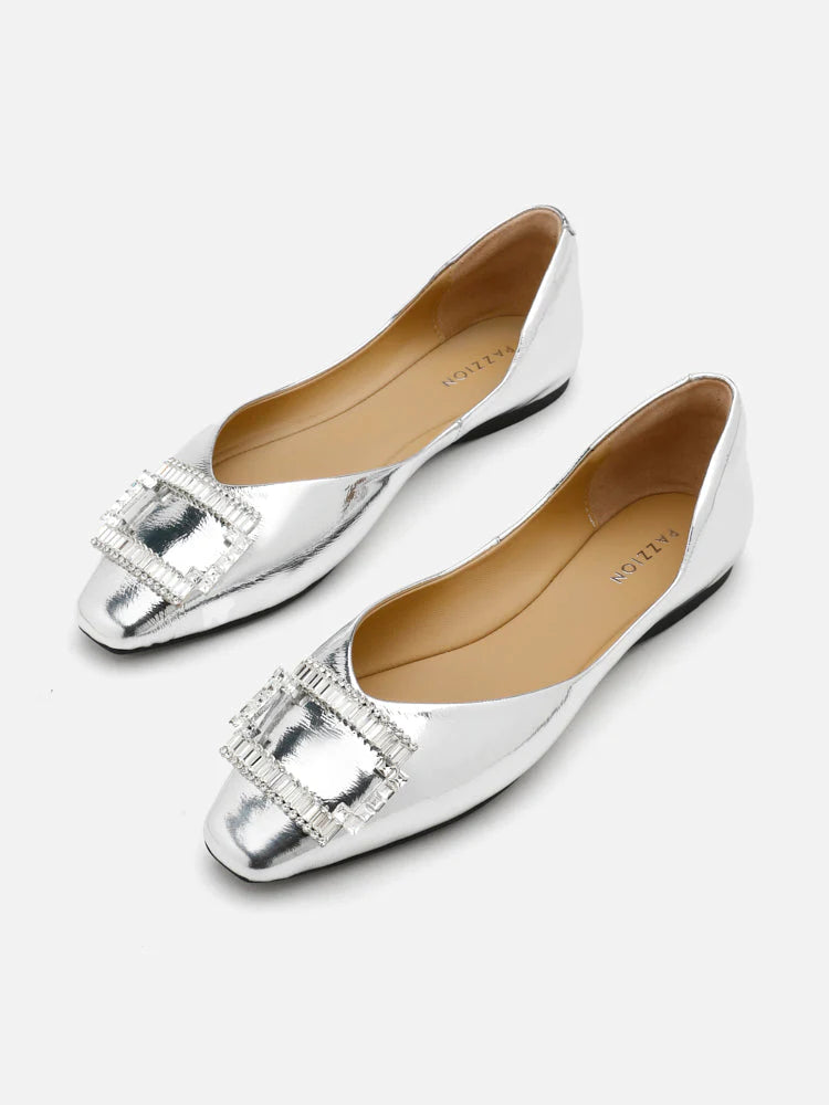 PAZZION, Yael Embellished Buckle Curved Point-Toe Flats, Silver