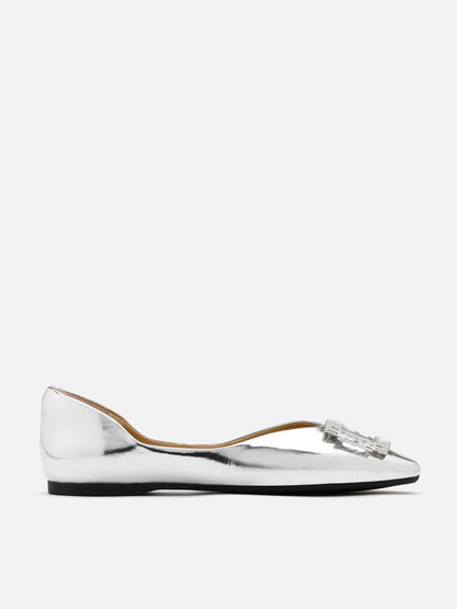 PAZZION, Yael Embellished Buckle Curved Point-Toe Flats, Silver