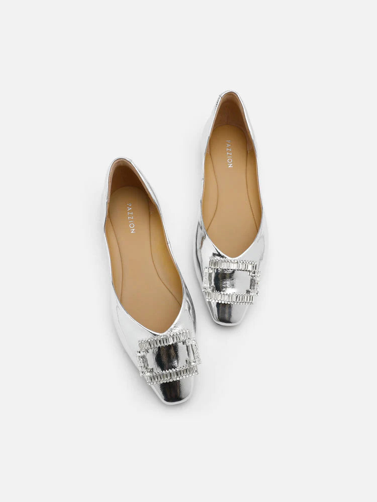 PAZZION, Yael Embellished Buckle Curved Point-Toe Flats, Silver