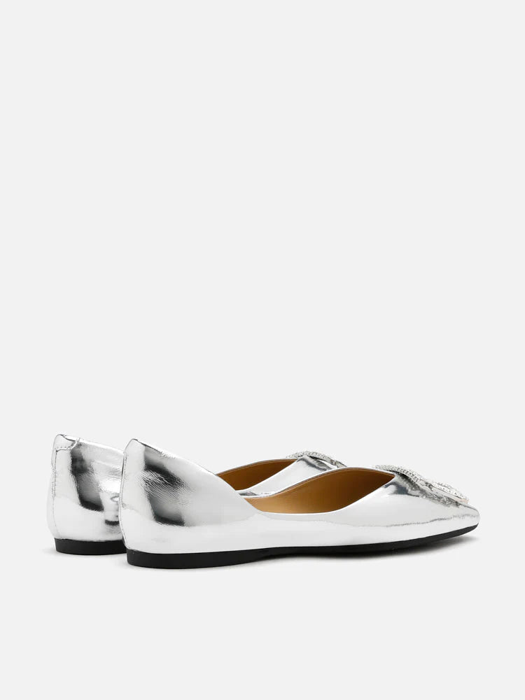 PAZZION, Yael Embellished Buckle Curved Point-Toe Flats, Silver