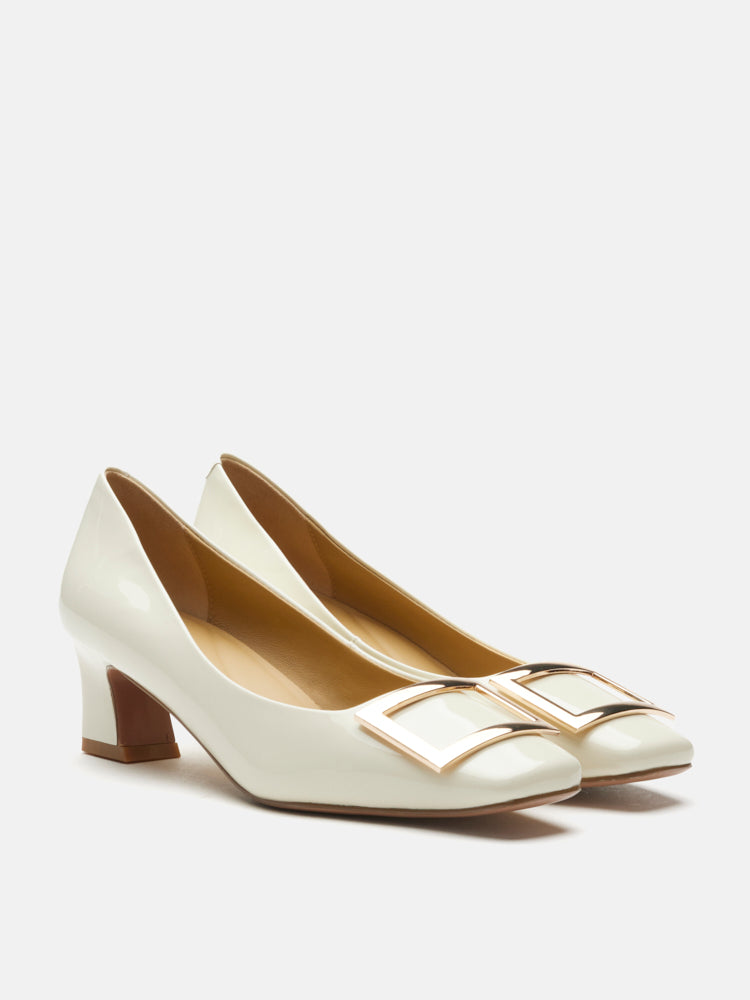 PAZZION, Yvette Buckle Square-Toe Pump Heels, Beige