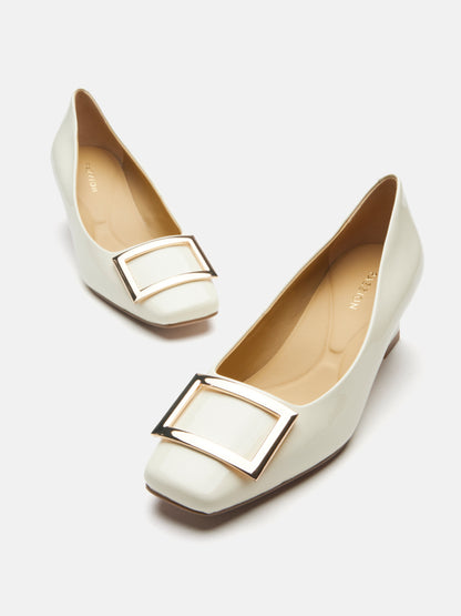 PAZZION, Yvette Buckle Square-Toe Pump Heels, Beige