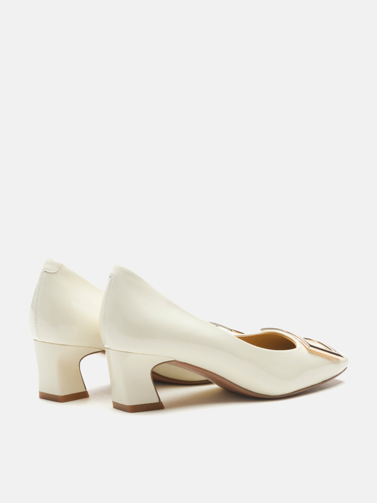 PAZZION, Yvette Buckle Square-Toe Pump Heels, Beige