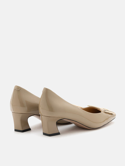 PAZZION, Yvette Buckle Square-Toe Pump Heels, Khaki