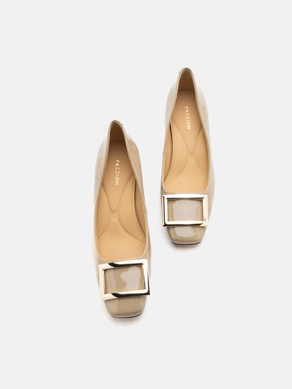 PAZZION, Yvette Buckle Square-Toe Pump Heels, Khaki