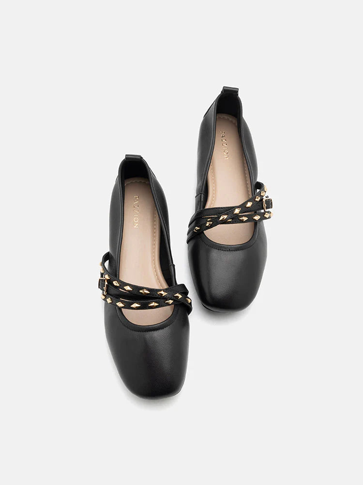 PAZZION, Zia Studded Buckle Flats, Black